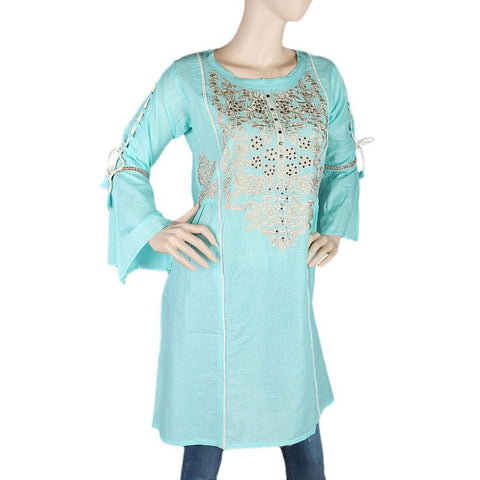 Women's Embroidered Short Kurti - Cyan - test-store-for-chase-value