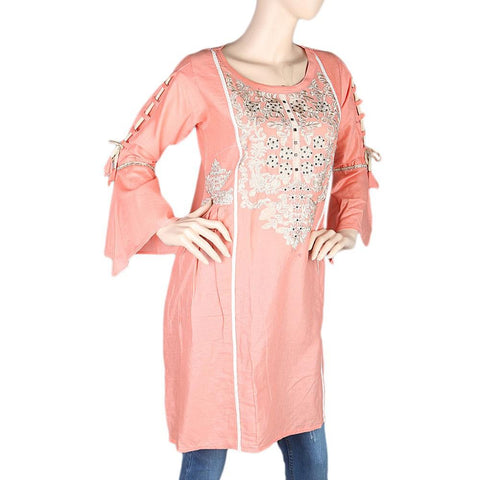 Women's Embroidered Short Kurti - Peach - test-store-for-chase-value