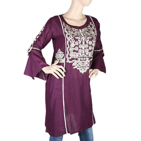 Women's Embroidered Short Kurti - Purple - test-store-for-chase-value