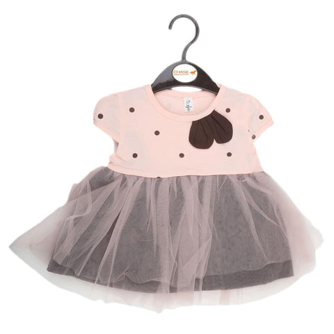 Newborn Girls Fancy Half Sleeves Net Frock - Peach - test-store-for-chase-value
