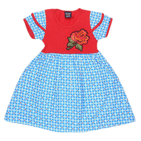 Girls Half Sleeve Printed Fancy Frock - Red - test-store-for-chase-value