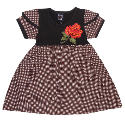 Girls Half Sleeve Printed Fancy Frock - Brown - test-store-for-chase-value