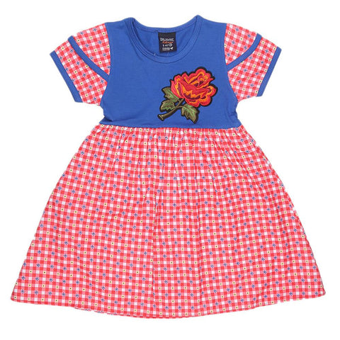 Girls Half Sleeve Printed Fancy Frock - Blue - test-store-for-chase-value