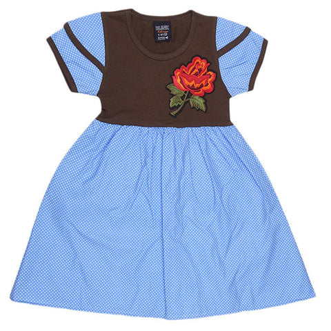 Girls Half Sleeve Printed Fancy Frock - Light Blue - test-store-for-chase-value