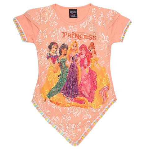 Girls Half Sleeve Fancy T-Shirt - Peach - test-store-for-chase-value