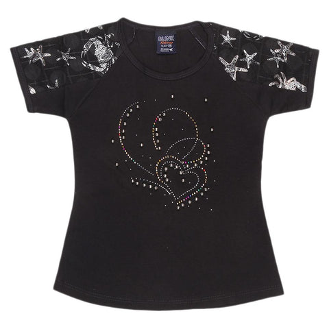 Girls Half Sleeve Fancy T-Shirt - Black - test-store-for-chase-value