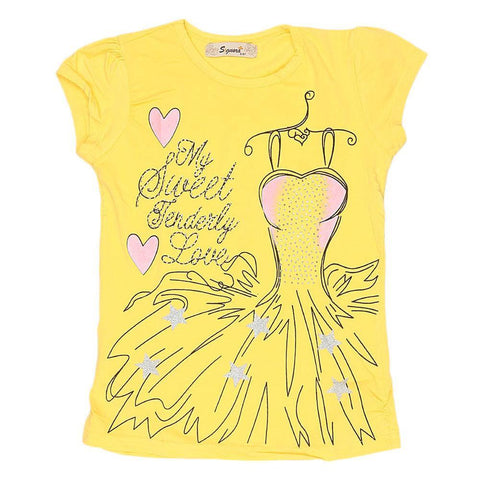 Girls Half Sleeve Fancy T-Shirt - Yellow - test-store-for-chase-value