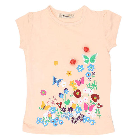 Girls Half Sleeve Fancy T-Shirt - Peach - test-store-for-chase-value